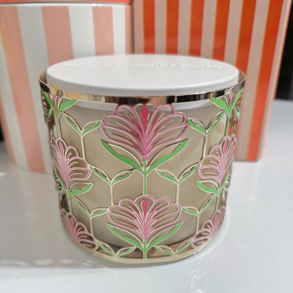 Bath & Body Works Pink Lotus Flower & Green Leaf Metal 3 Wick Candle Holder NEW - Picture 4 of 9